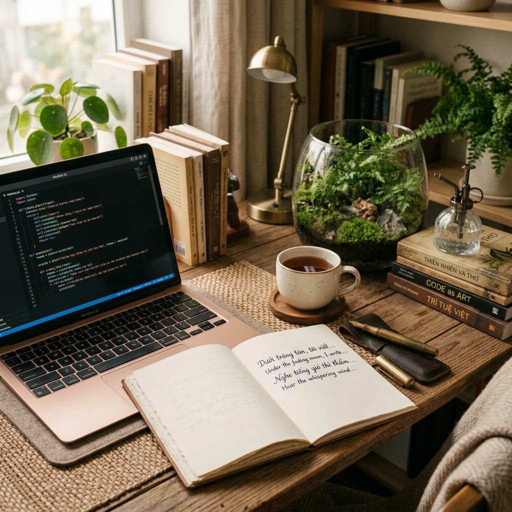 Góc làm việc và dòng code của Minh Lộc bên trang sách